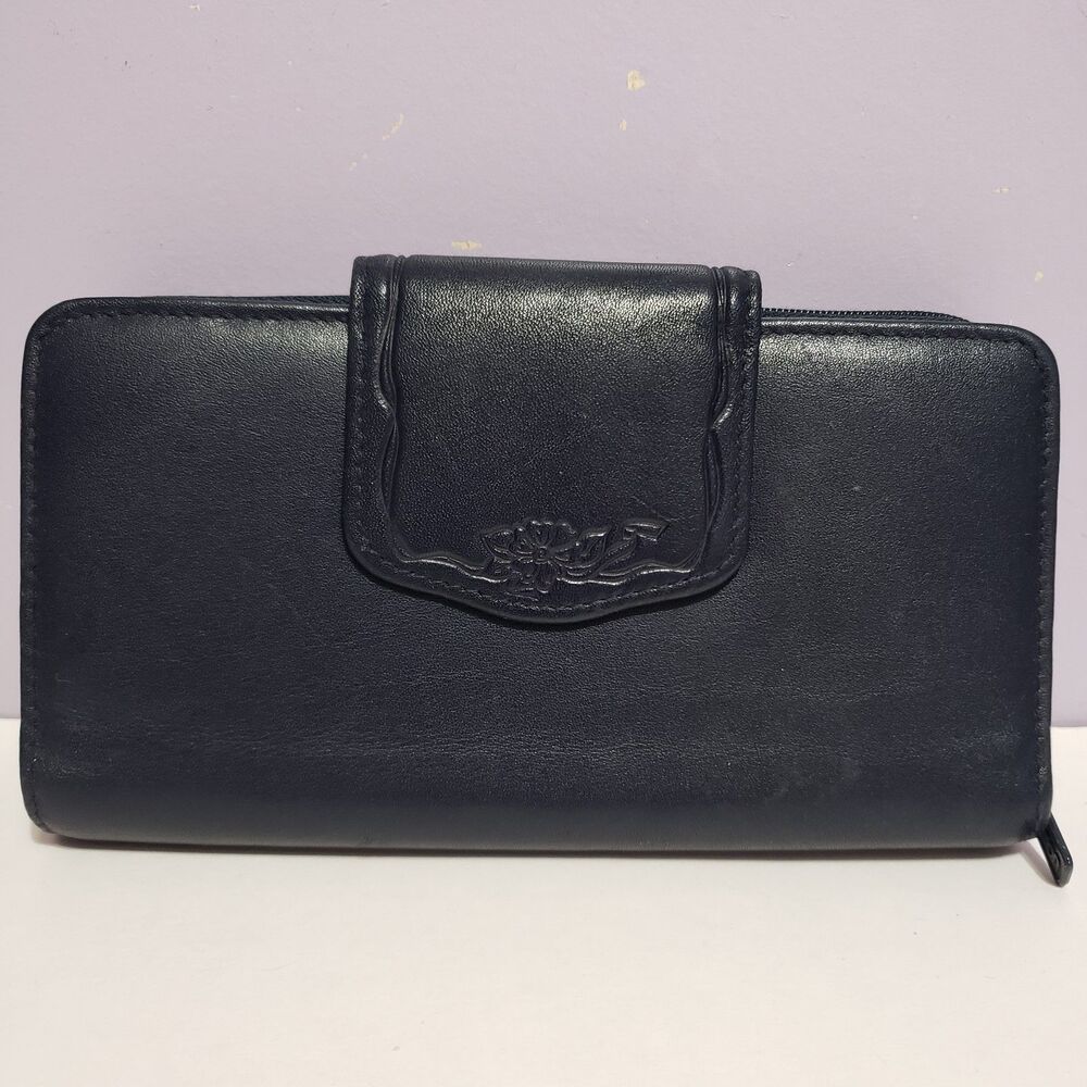 Buxton Genuine Leather Dark Blue Women's Zip Around Wallet  7"×4"